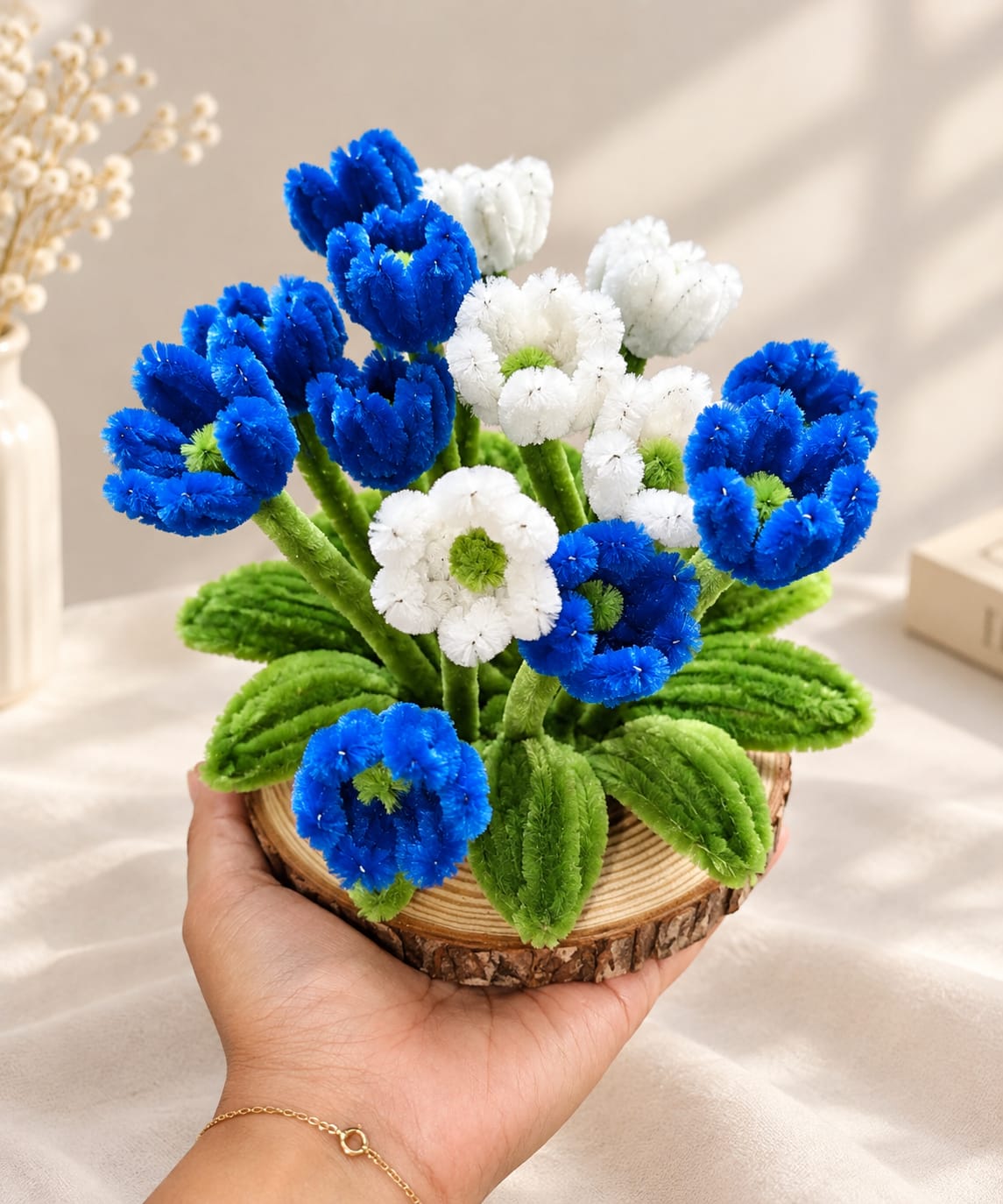 Handmade Blue & White Pipe Cleaner Flower Pot – Elegant Floral Gift